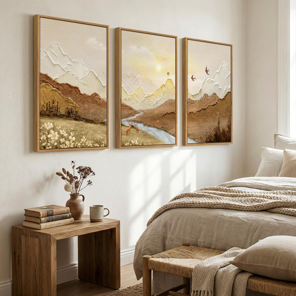 Framed Brown Abstract Mountain Wall Art, 3 Piece, 24x36 In