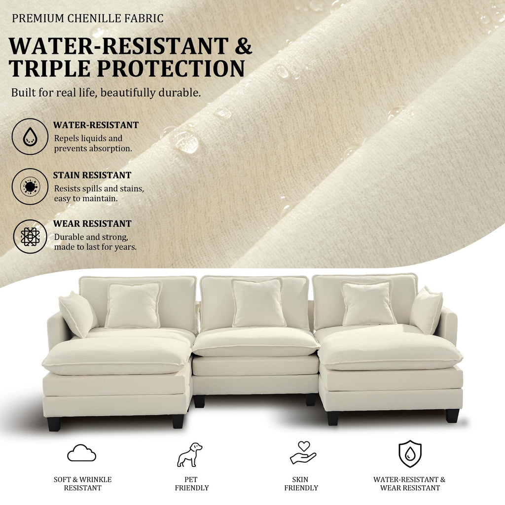 147" Modular Sectional Sofa with USB Charging Port, Water-Repellent Stain-Resistant Fabric, Deep Seat 6-Seat U Shaped