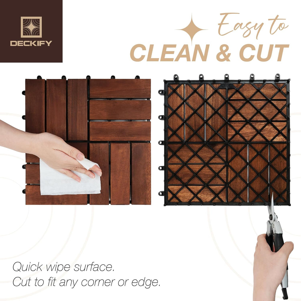 9Pcs Acacia Wood Interlocking Patio Deck Tiles, 12 x 12 x 0.9 Inch Outdoor Flooring, Waterproof for All-Weather Use