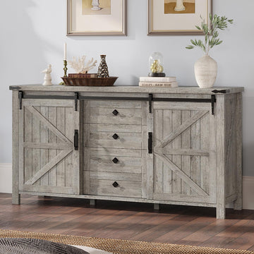 60" Farmhouse 4-Drawer with Barn Doors, Light Rustic Oak