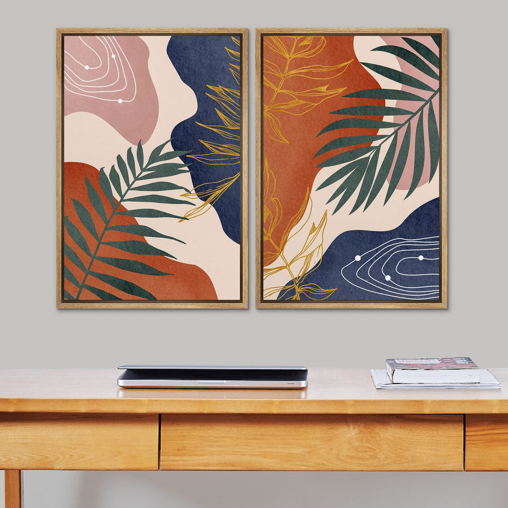 Framed Canvas Print Wall Art Set Retro Mid-Century Geometric Forest Plants Abstract Shapes Illustrations Modern Art
