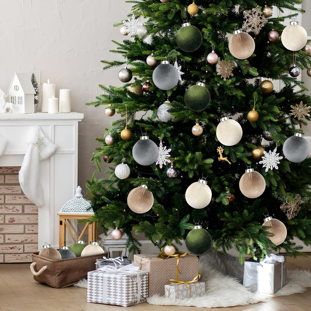 3.15 Inch Velvet Ball Ornaments , Large Neutral Flocked Christmas Bulb Ornaments Set - Earth Tone Decorative - Set of 15