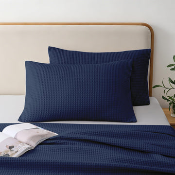 100% Cotton Waffle Pillow Shams King Size Set of 2, Navy Blue, 20" x 36"