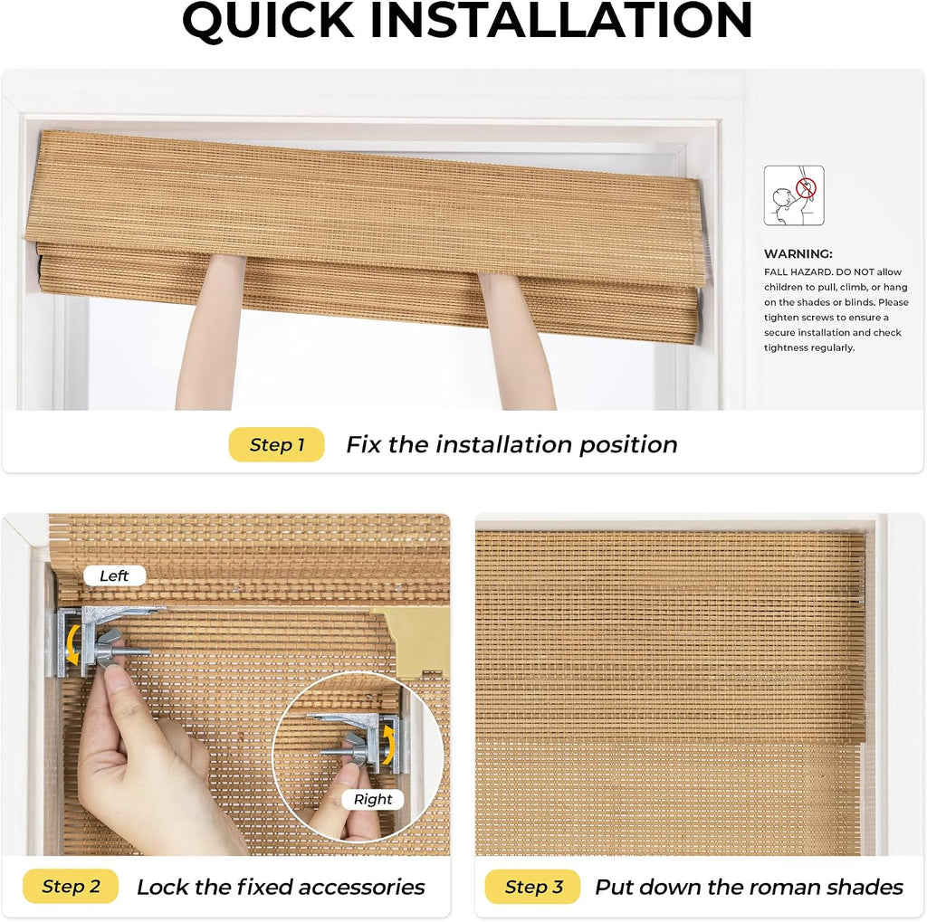 No Drill Cordless Bamboo Roman Shades, 24×64 in, Carbonized | Natural material, Light Filtering, Easy Install