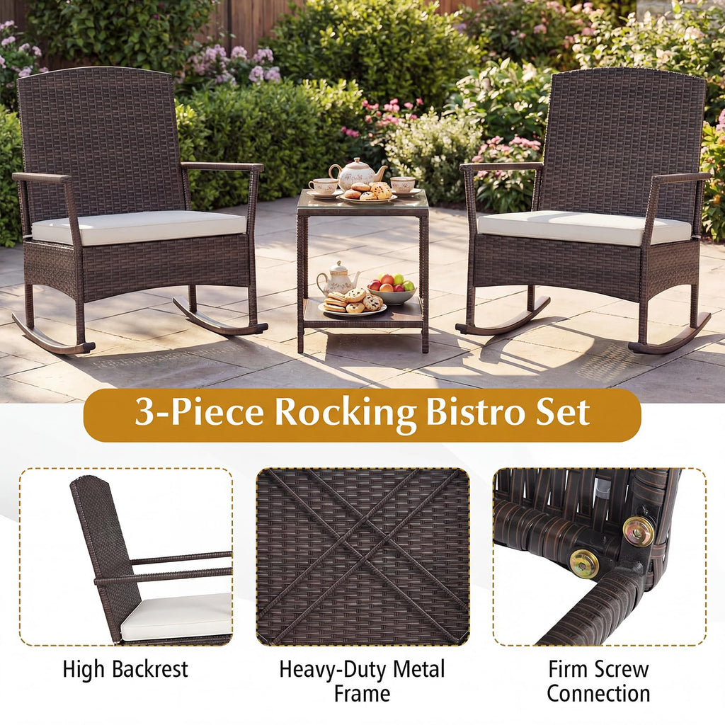 3 Pieces Rocking Wicker Bistro Set, Outdoor Front Porch Rocker Chairs Conversation Set with 2-Tier Tempered Glass