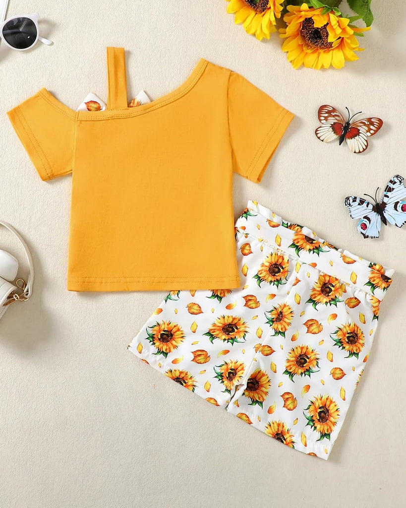 Toddler Baby Girl Summer Clothes Set Cute Asymmetrical Bow Sleeve Top & Pocket Shorts 2 Piece Outfit Casual Clothes