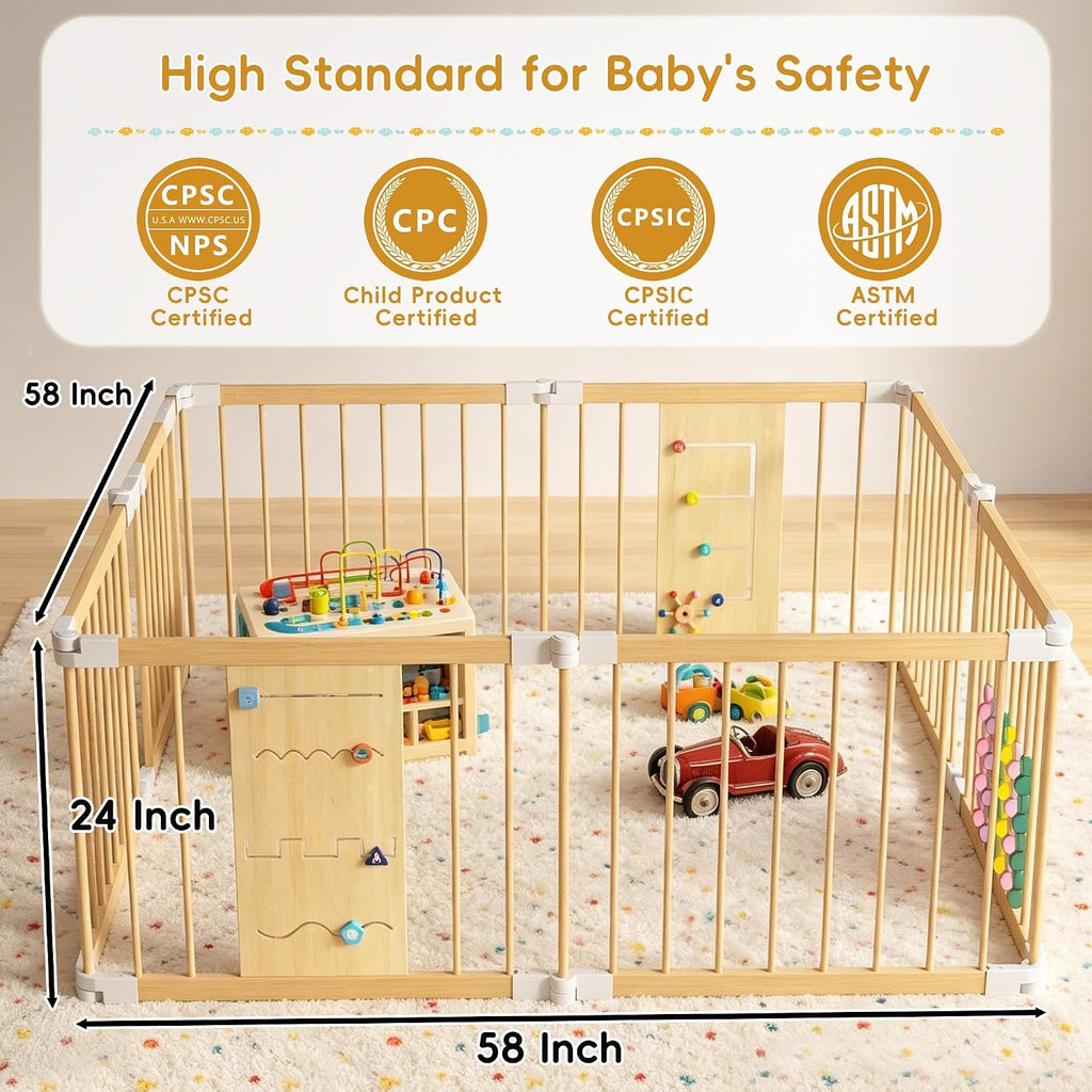 Foldable Wooden Baby Playpen, 58"x58"x24" Adjustable Shape & Size Playpen for Babies and Toddlers, Natural Pine Wood