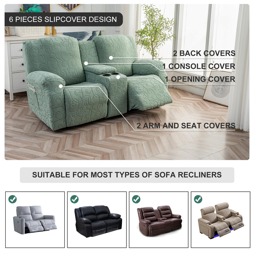 Recliner Loveseat Cover with Center Console, 2 Seater Jacquard Recliner Sofa Slipcover with Pockets Washable Stretch