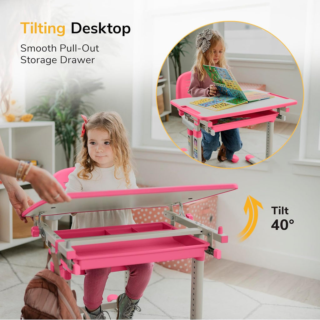Kids Desk and Chair Set, Height Adjustable Sturdy, Girl Desk, Child Study Desk and Chair Set for Boys, Table for Art