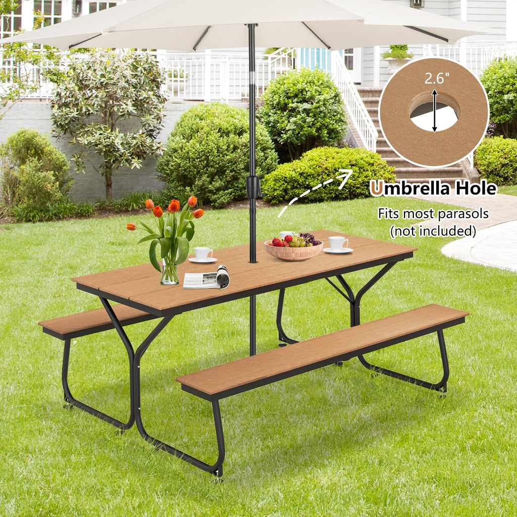 Outdoor Picnic Table Bench Set, 2450 LBS Capacity Dining Table with 2 Benches for 6-8 People, Heavy Duty Metal Frame