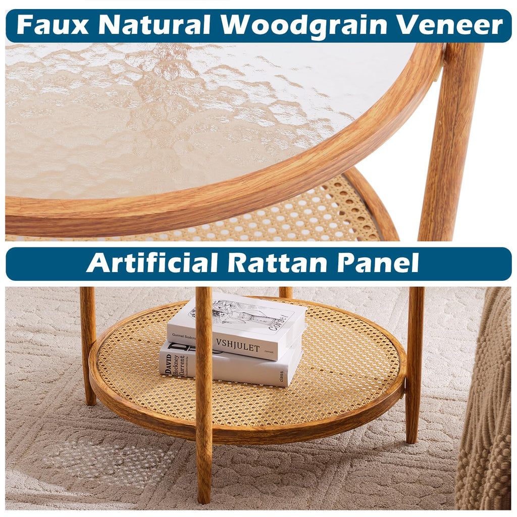 25.6" Round Glass Coffee Table, Rattan Coffee Table, Natural Vibe