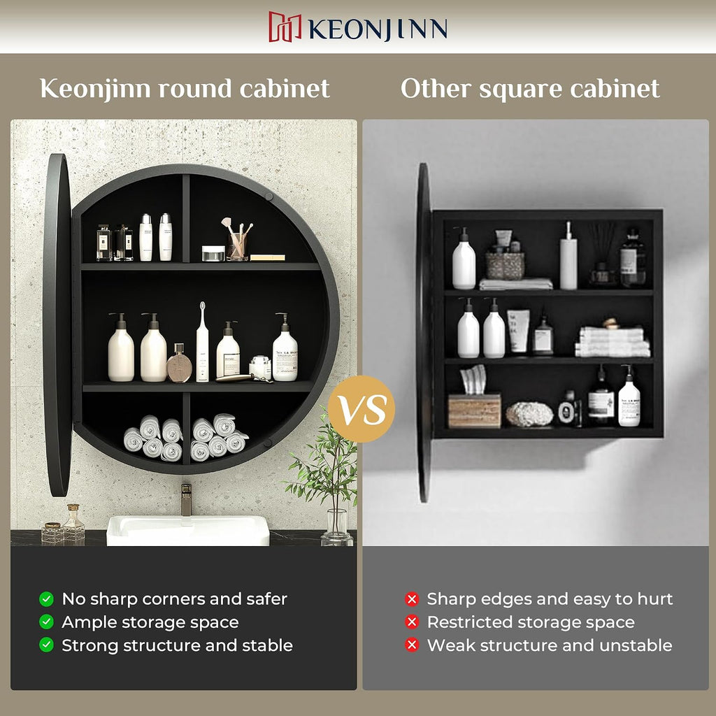 24 x 24 Inch Round Medicine Cabinet , Shatter-Proof | Surface Mount, Black Medicine Cabinet with Mirror, Metal Frame