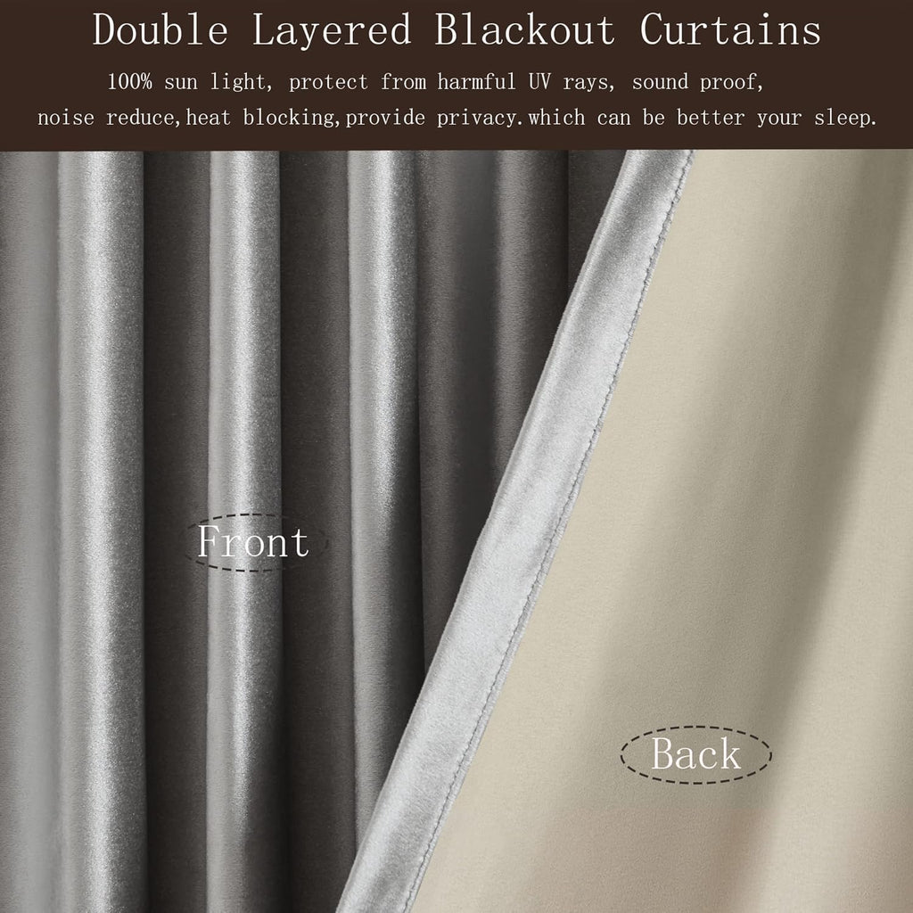 100% Full Blackout Silver Grey Velvet Curtains 96 inch Long,Set of 2 Panels Liner Rod Pocket Back Tab Thermal Window