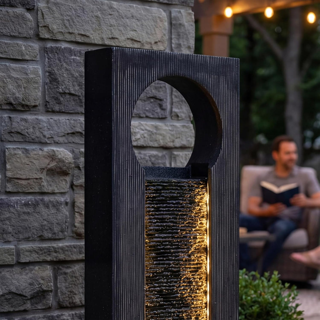 40-Inch Modern Outdoor Water Fountain, Large Floor Standing Resin Outdoor Fountain with LED Lights