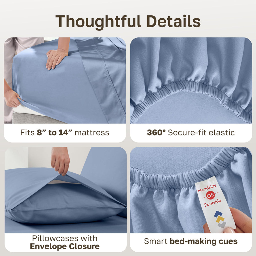 Soft Natural 100% Cotton Sateen Bed Sheets, 4 Pc Set, Blue Hydrangea