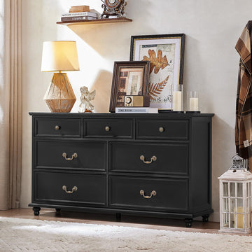 Farmhouse 7 Drawers Dresser, Black 54 Inch Wide Chest of Drawers w/ 4 Wooden Legs, Large Vintage Rustic Closet