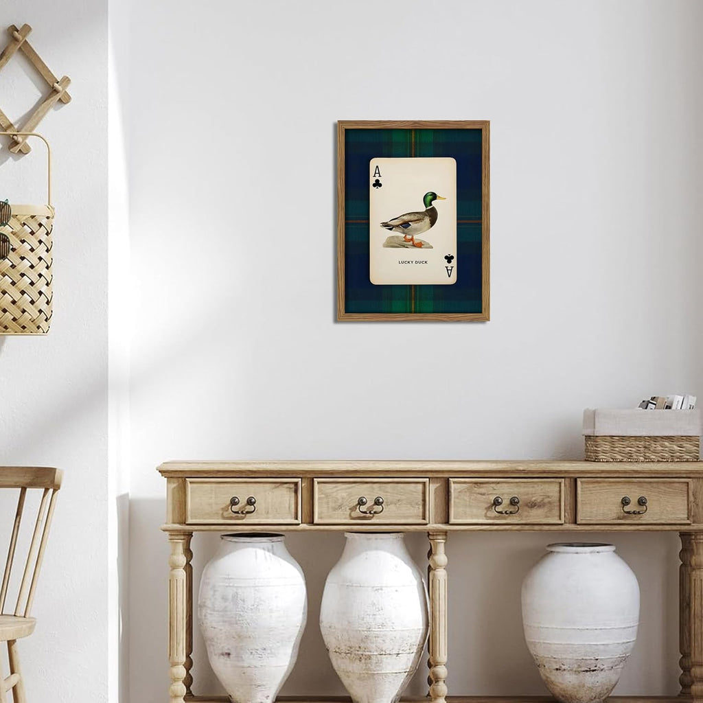 Framed Vintage Mallard Duck Wall Art, Country Lucky Duck Wildlife Poker Wall Decor Painting, Nature Rustic Farmhouse