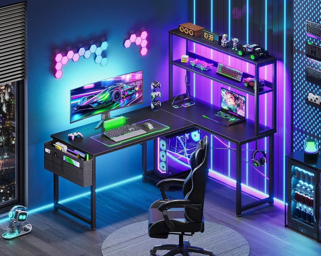 L Shaped Desk Gaming Desk with LED Light & Power Outlet | 43 Inch Black Reversible L Shaped Computer Table with