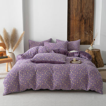 Small Floral Duvet Cover Twin Purple Soft 100% Muslin Cotton Yarn-Dyed Textured Yellow&Pink Floral Bedding Set with 2