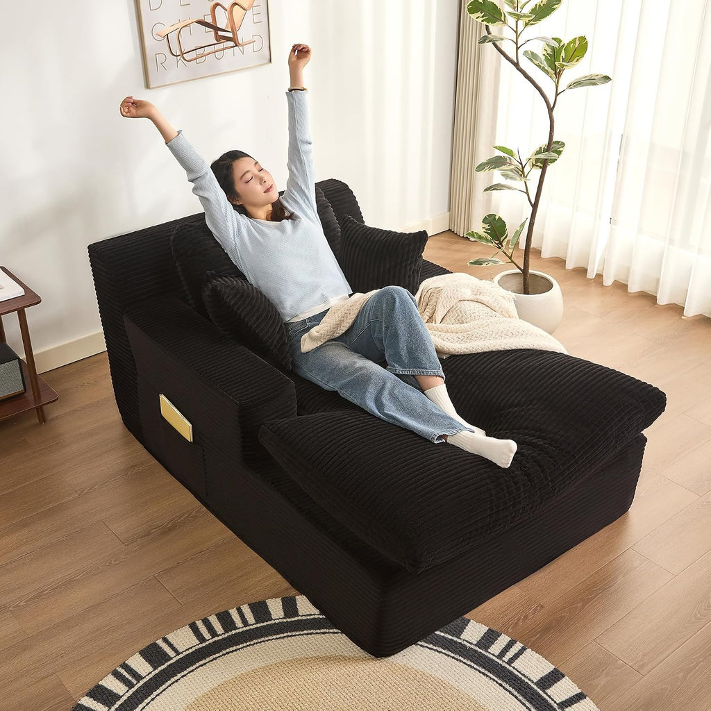 63" Chaise Lounge Chair Indoor, Set of Convertible Sleeper Sofa Couch with Throw Pillows & Side Pockets, Corduroy