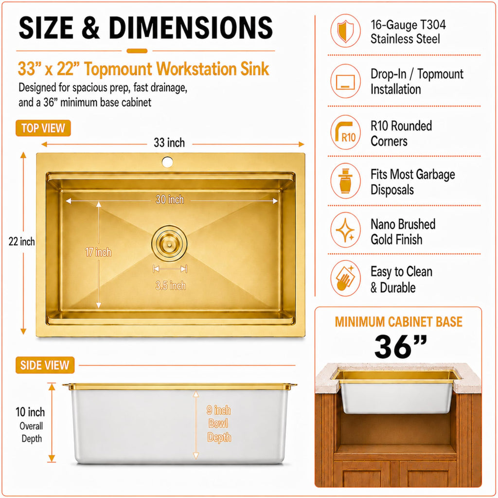 33" X 22" Drop In Gold Kitchen Sink, Single Bowl Top Mount Kitchen Sink, 16 Gauge Stainless Steel Workstation Sinks