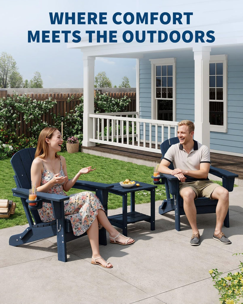 HDPE Folding Adirondack Chair Set of 2 with Side Table, Navy Blue | All-Weather Resistant & Wood Textured & Cup