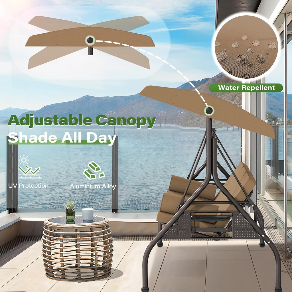 Outdoor 3 in 1 Porch Swing Chair, 3 Seat Patio Swing Glider with Adjustable Canopy, Heavy Duty Swings with Thickened
