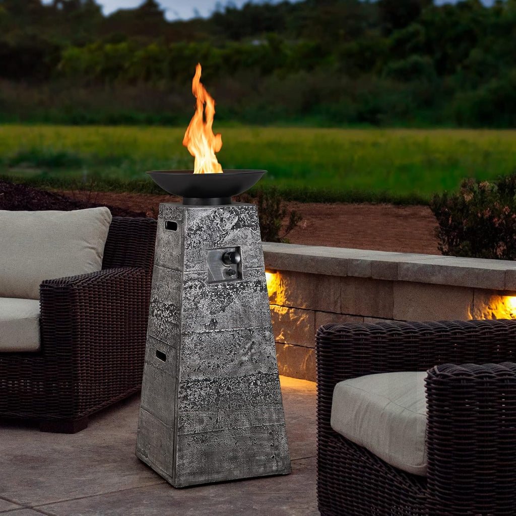 Propane Fire Bowl Column, Outdoor Burning Fire Bowl W/Lava Rocks & PVC Cover, 30,000 BTU Heat Output