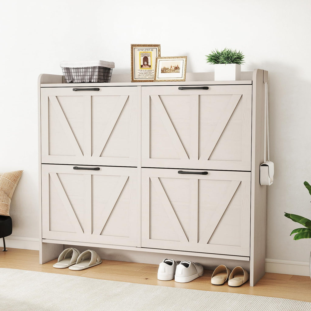 Farmhouse Shoe Storage Cabinet with 4 Flip Drawers, Shoe Rack Cabinet with Wooden Legs&Adjustable Shelves