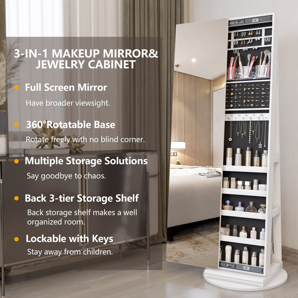 Standing Jewelry Cabinet with Sliding Full Length Mirror, White