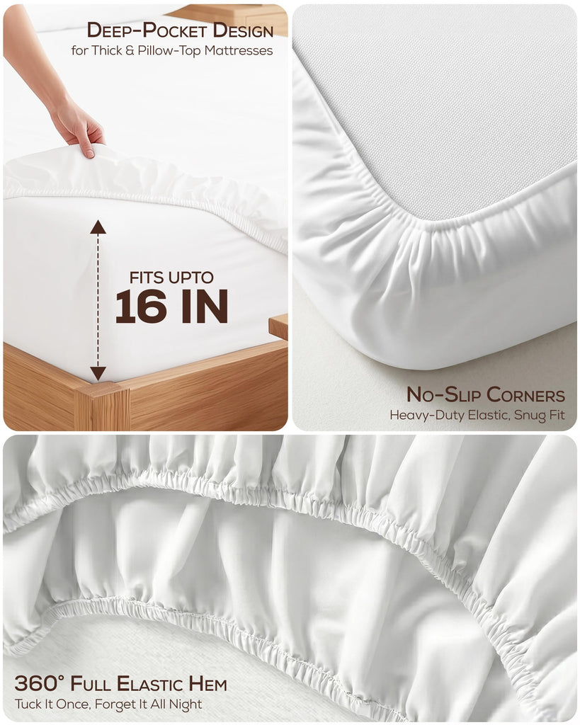100% Cotton Sheets, 16" Deep Pocket, 4 Piece Sheet Set, White