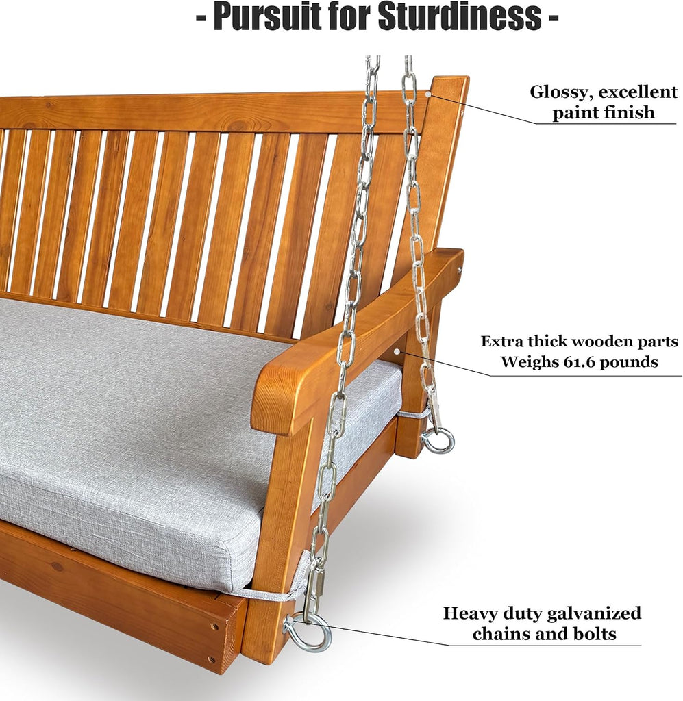 6 FT Wooden Porch Swing Bed with Thick Cushion - Outdoor Hanging Daybed or Porch, Solid Fir Wood Frame