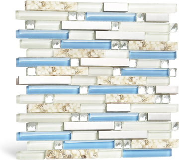 Beach Style Tile Real Seashell Inside Blue Cream White Brushed Steel Art Mosaic Kitchen Backsplash Bath Decor (Pack