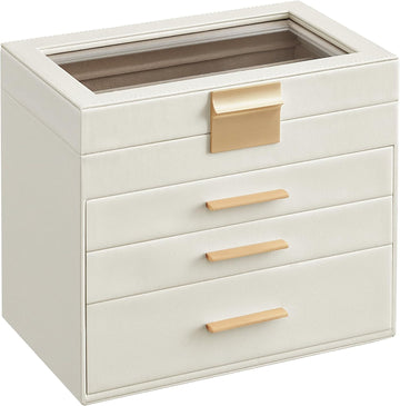 Jewelry Box Organizer, 4-Layer Storage with 3 Drawers, Glass Lid