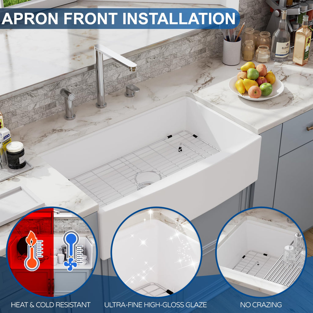 33 White Farmhouse Sink Workstation, Undermount Farm Kitchen Sink 33x21 inch Apron Front White Porcelain Ceramic