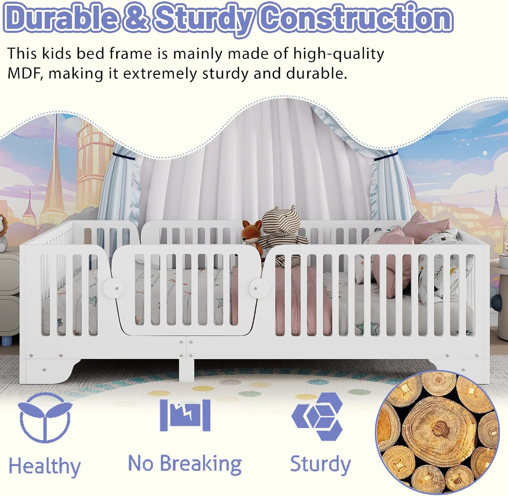 Floor Bed with High Fence Rails, Wooden Montessori Bed Frame with Detachable Door & Slats, Low Profile Beds
