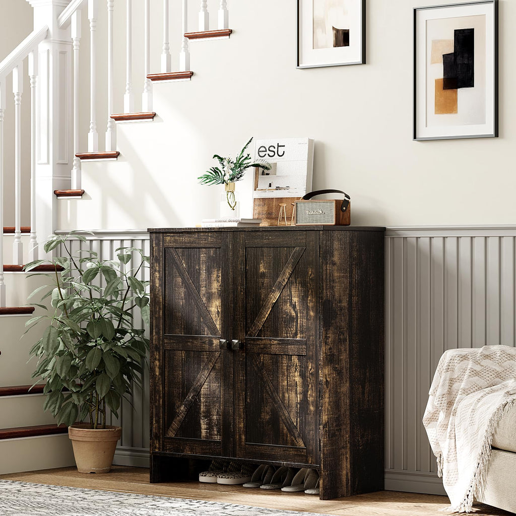 Shoe Cabinet with Doors, 5 Tier Dark Rustic Oak Wooden Shoe Storage Cabinet with Double Barn Doors, Adjustable