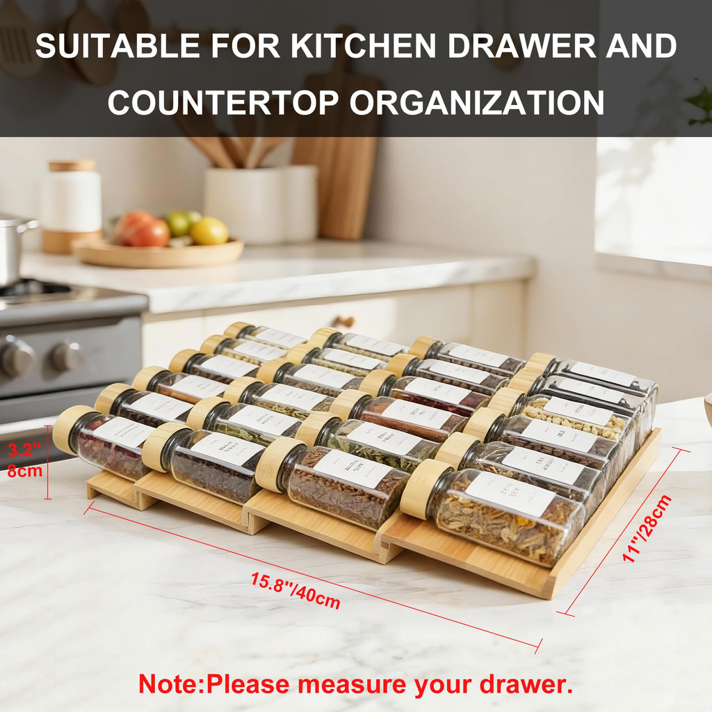 Spice Drawer Organizer with 24 Bamboo-lidded Spice Jars,216 Labels,25 Non-slip Rubber, Bamboo 4 Tier Seasoning Rack