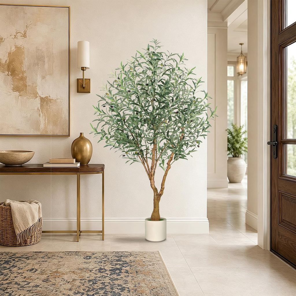 Olive Trees Artificial Indoor, 6FT Faux Olive Tree with White Tall Planter, Full Lush Artificial Plants with Large