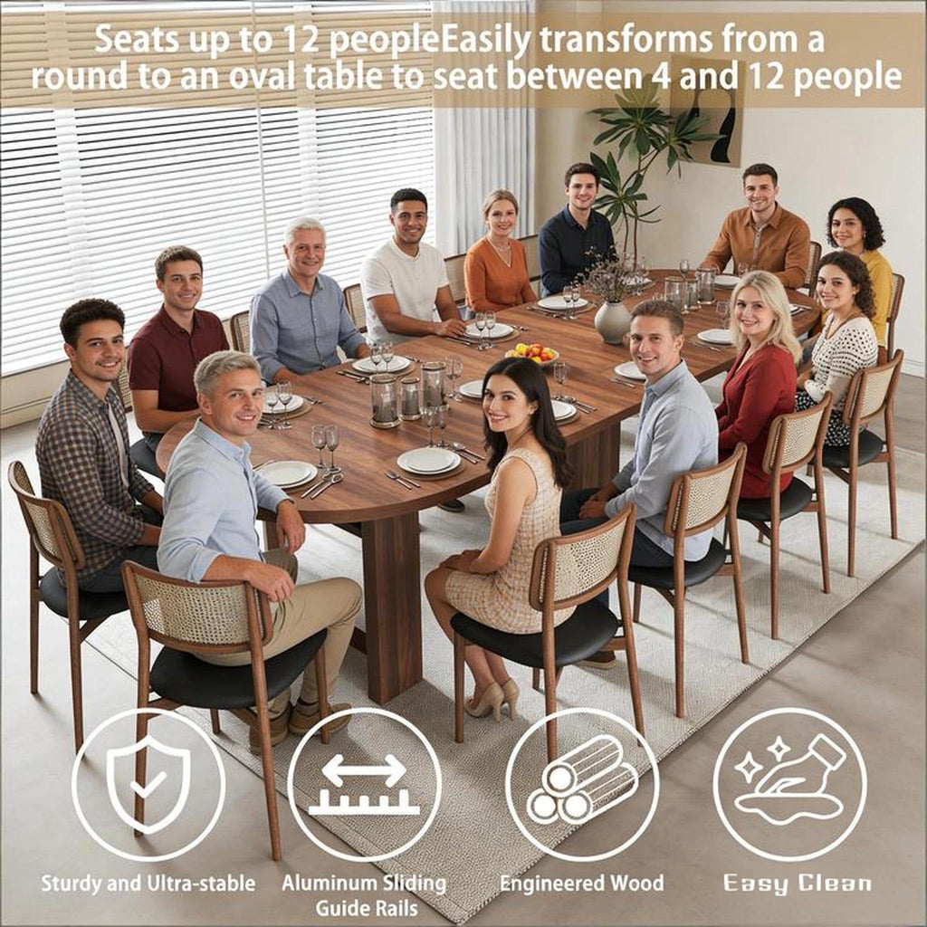 47.2"-118" Farmhouse Extendable Round to Oval Dining Table for 4-12, Walnut