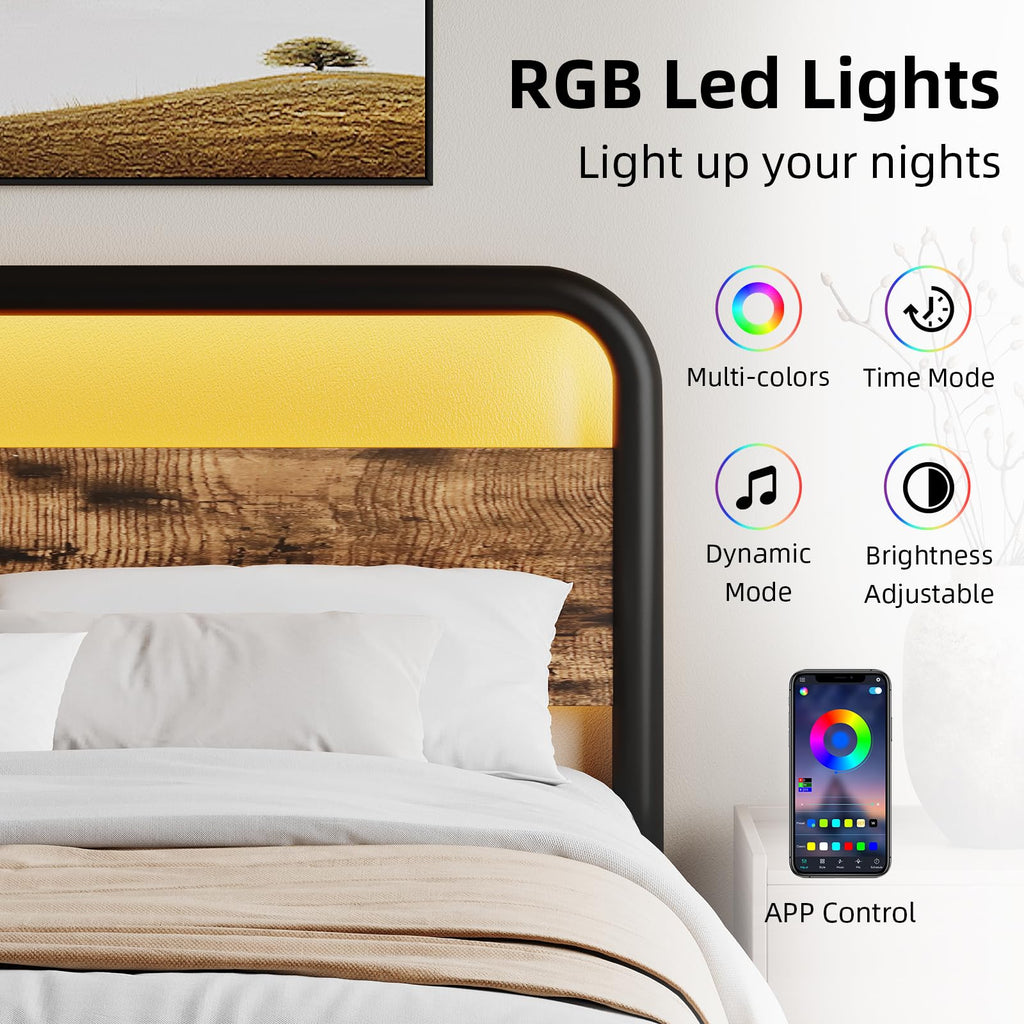 Bed Frame, Wood Headboard and Footboard, LED Lights, Rustic Brown