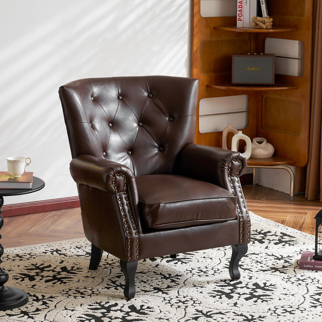 PU Leather Accent Chair, Mid-Century Modern Armchair Living Room Club Chair with Tufted Button & Rivet Trim