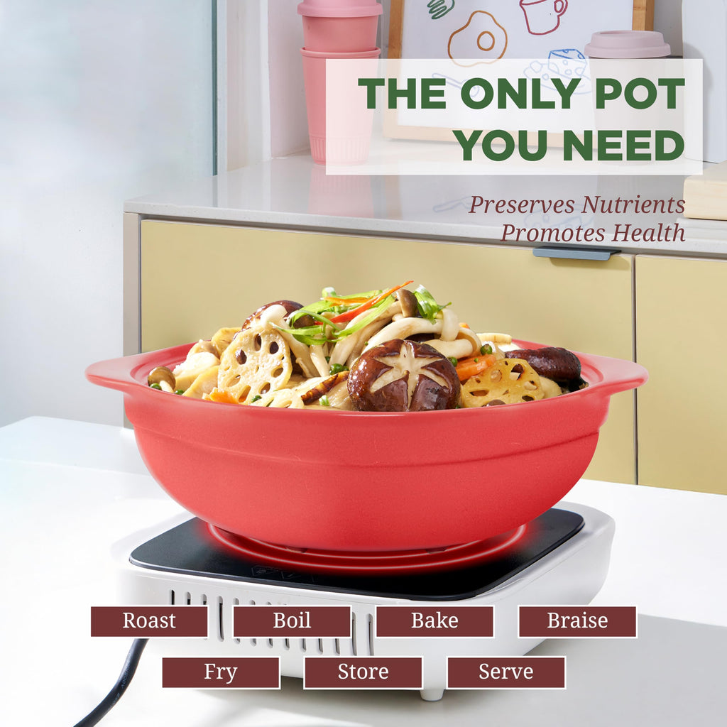 2-Qt Porcelain Dutch Oven with Lid - Lead & Cadmium Free, Oven Safe to 482°F, Heat Retention, Clay Pot for Cooking on