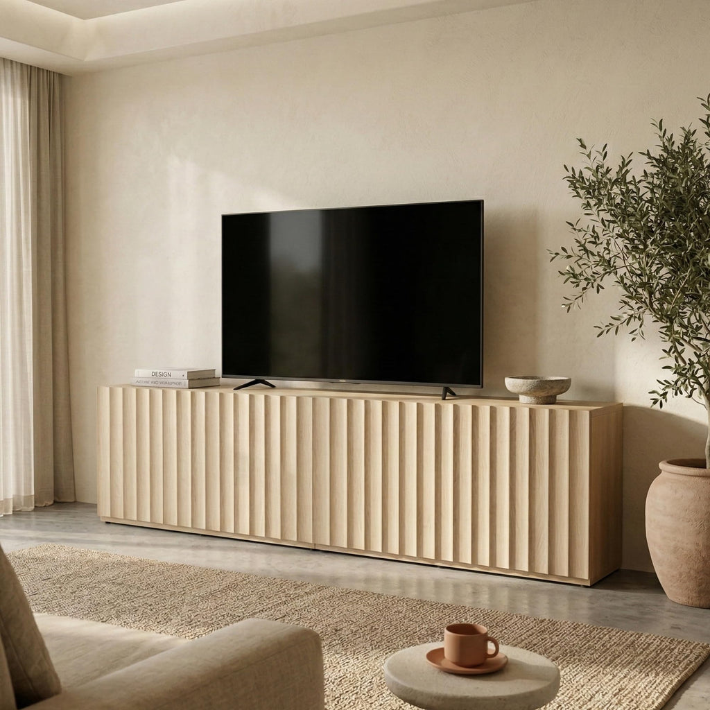 46.96" TV Stand, Fluted Mid-Century Modern 3 Doors, Light Oak