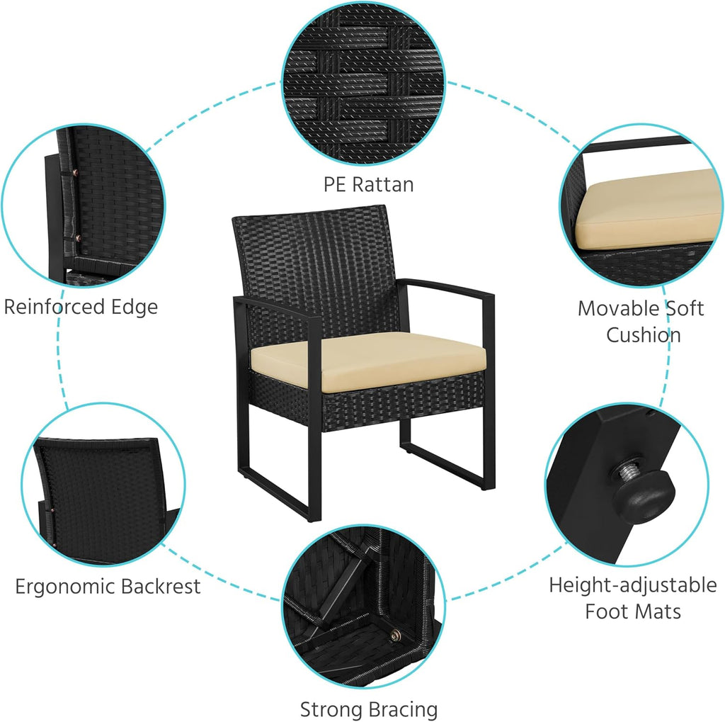 3 Pieces Rattan Bistro Set, Indoor/Outdoor Wicker Patio Modern Conversation Furniture
