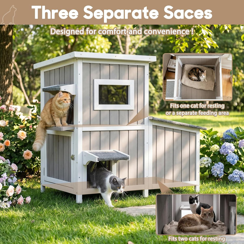 Outdoor Cat House for 2-3 Cats, 2-Story Weatherproof Wooden Cat Shelter with Feeding Station, Openable Asphalt Roof