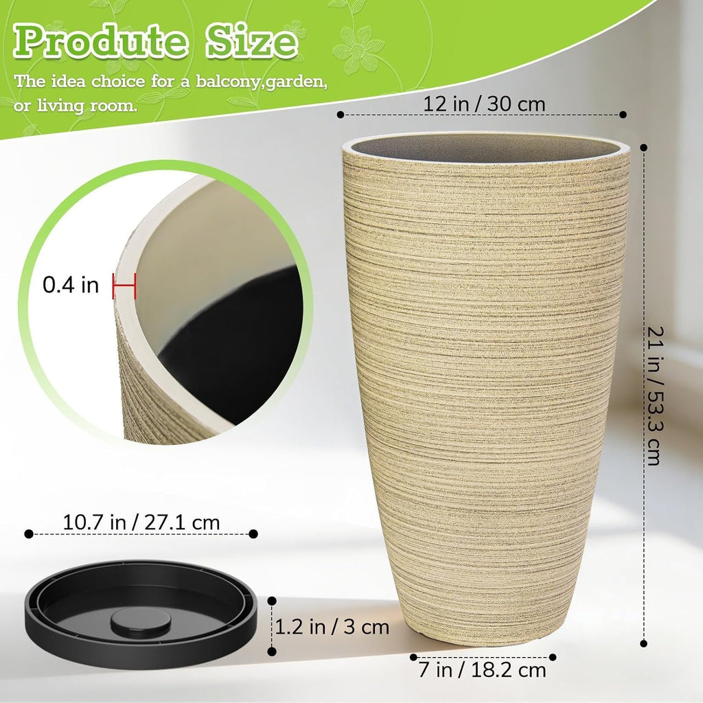 2-Pack Large Tall Planters with Saucer - 6.8 Gallons /12x21 Inch Faux Stone Finish Round Flower Pots for Indoor