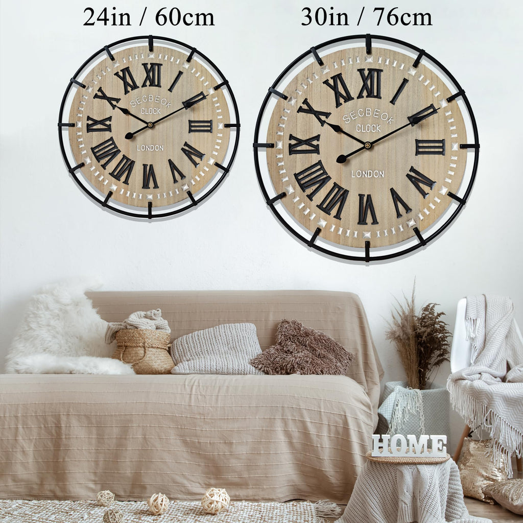 30 Inch Oversized Farmhouse Wall Clock, Metal Rustic Wood with Silent Quartz Movement, Easy Read Roman Numerals