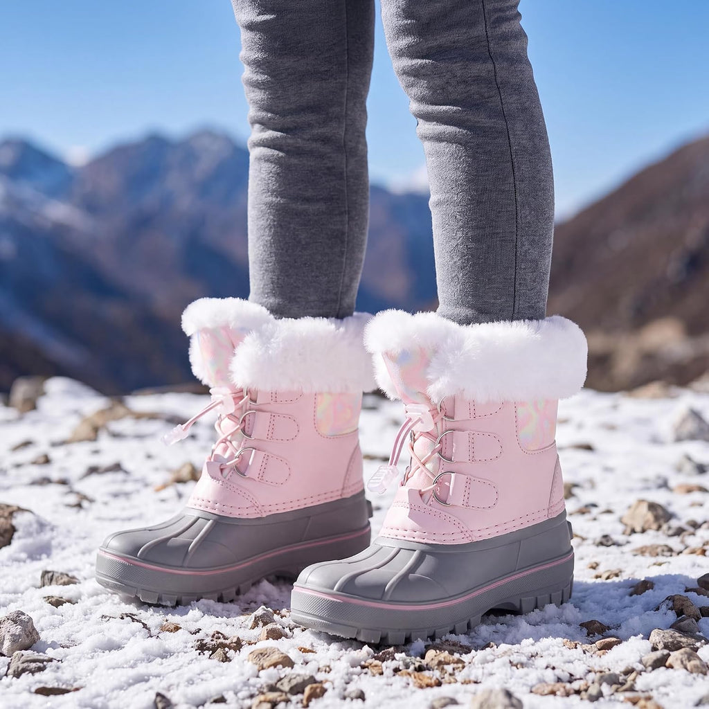 Girls Snow Boots with Faux Fur Collar Kids Winter Warm Boot