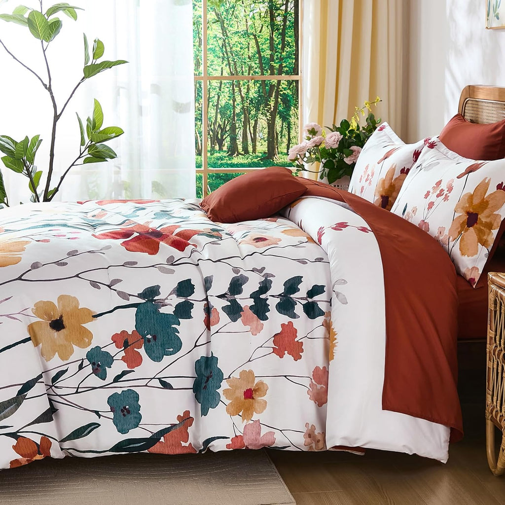8-Piece King Comforter Set, Orange Watercolor Floral Bed in a Bag with Sheets and Pillowcases